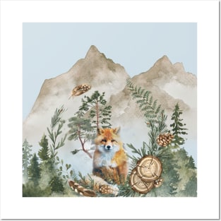 Mountain Forest Red Fox Watercolor Posters and Art